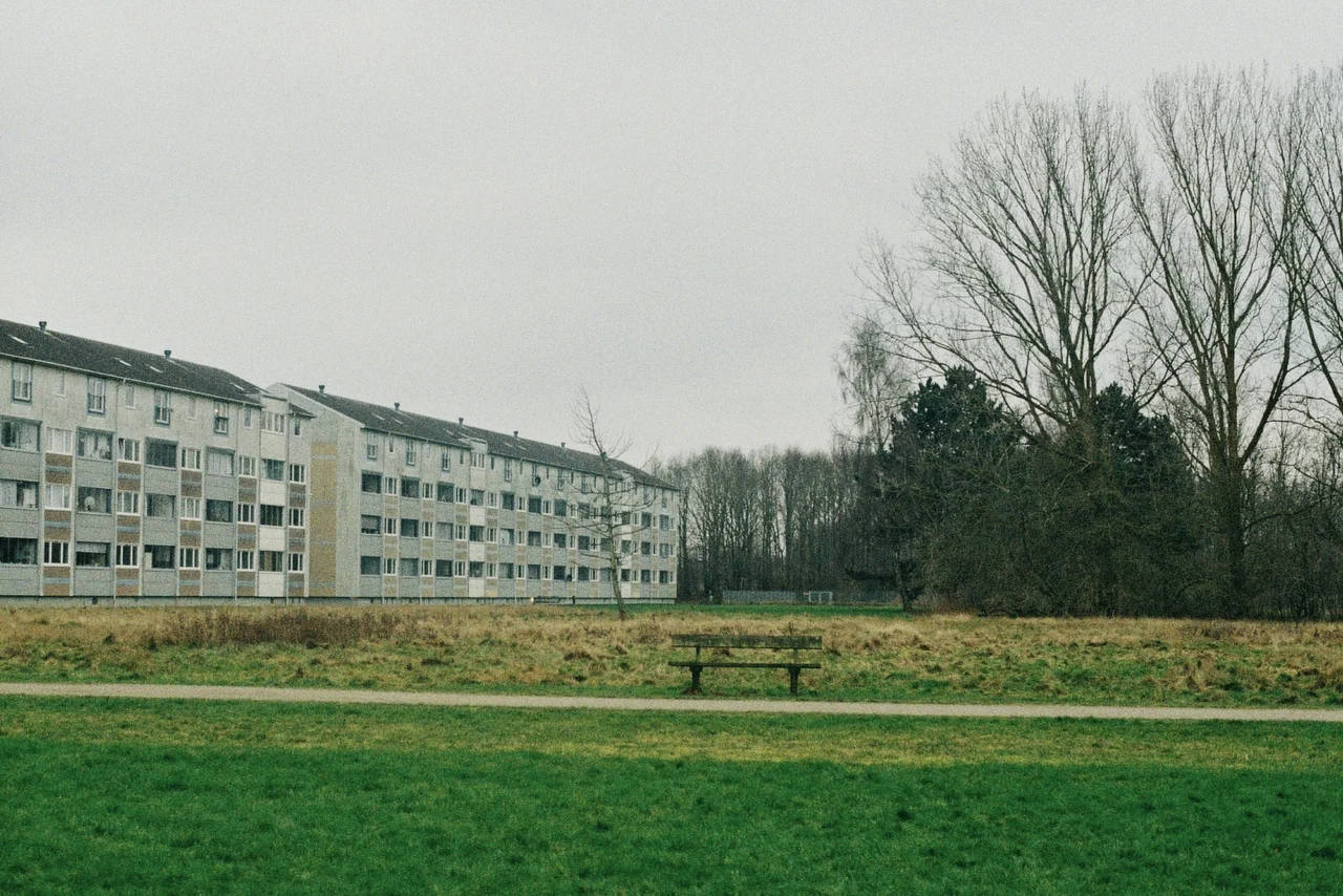 Ältere Wohnblocks an einem Park unter grauem Himmel – Symbolbild für den Wohnungsbestand